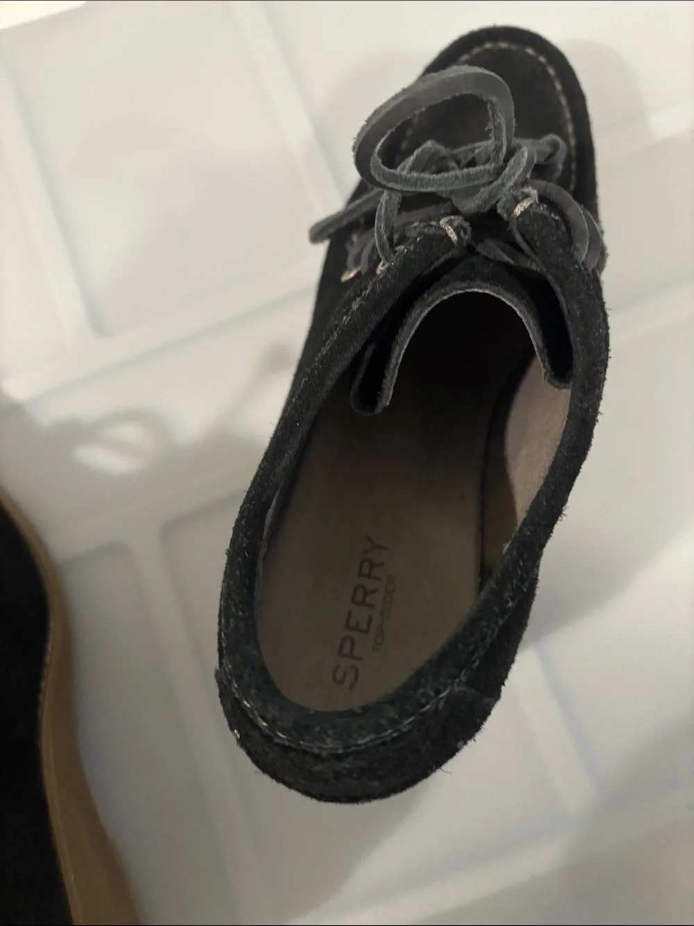 Sperry Black Stella Keel wedge booties SZ 8.5M suede uppers & tan wedge heel